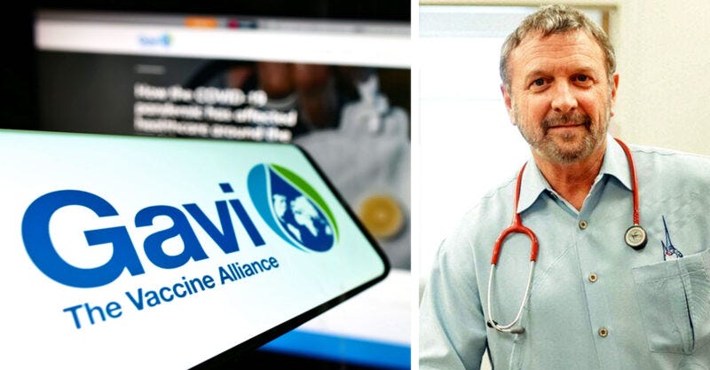 logotipo da gavi no telefone e no site e imagem do dr. paul thomas