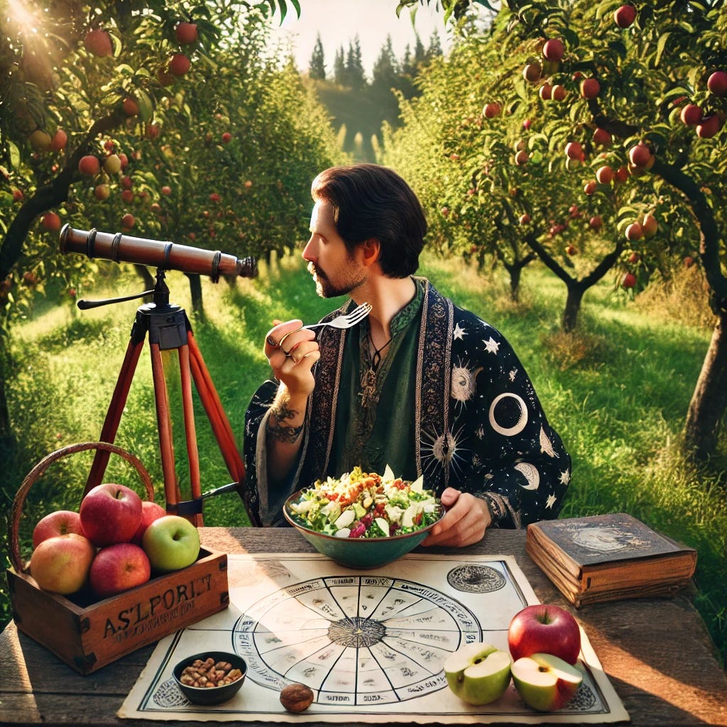 An astrologist enjoying a Waldorf salad in an orchard during a sunny afternoon. The astrologist is depicted wearing a mystical robe with celestial patterns, sitting at a wooden table surrounded by lush fruit trees. The table is adorned with astrological charts and a telescope nearby, adding a touch of stargazing charm to the scene. The Waldorf salad is vibrant, featuring crisp apples, walnuts, and greens. The overall setting is peaceful and inviting, with sunlight streaming through the trees, creating a magical ambiance.