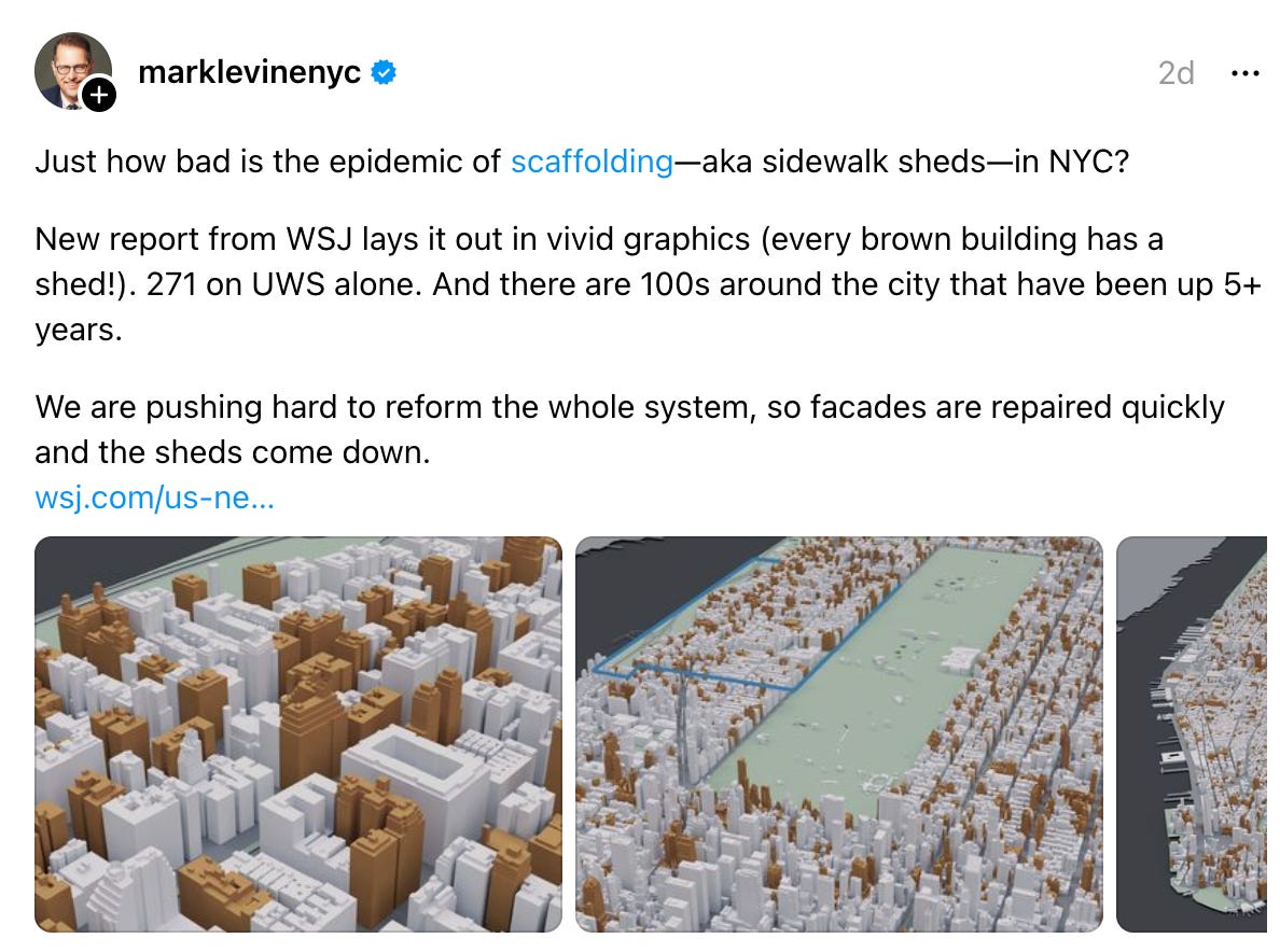  marklevinenyc 2d Just how bad is the epidemic of scaffolding—aka sidewalk sheds—in NYC? New report from WSJ lays it out in vivid graphics (every brown building has a shed!). 271 on UWS alone. And there are 100s around the city that have been up 5+ years. We are pushing hard to reform the whole system, so facades are repaired quickly and the sheds come down. wsj.com/us-ne…