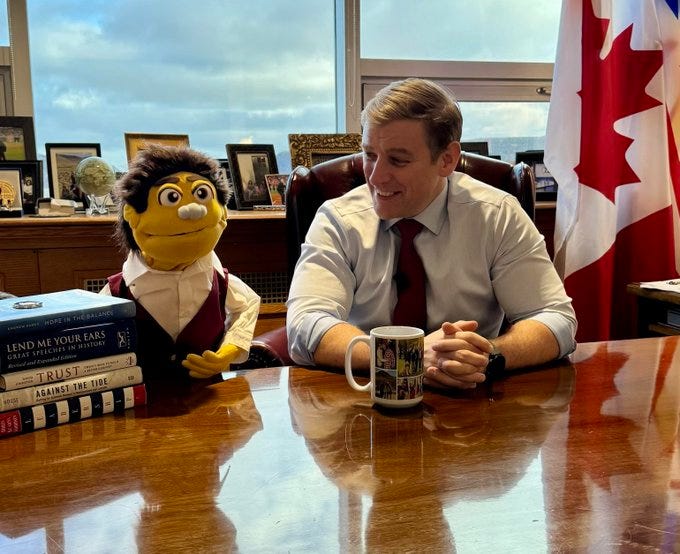 Premier Furey being interviewed by puppet super-host Clyde Washington.