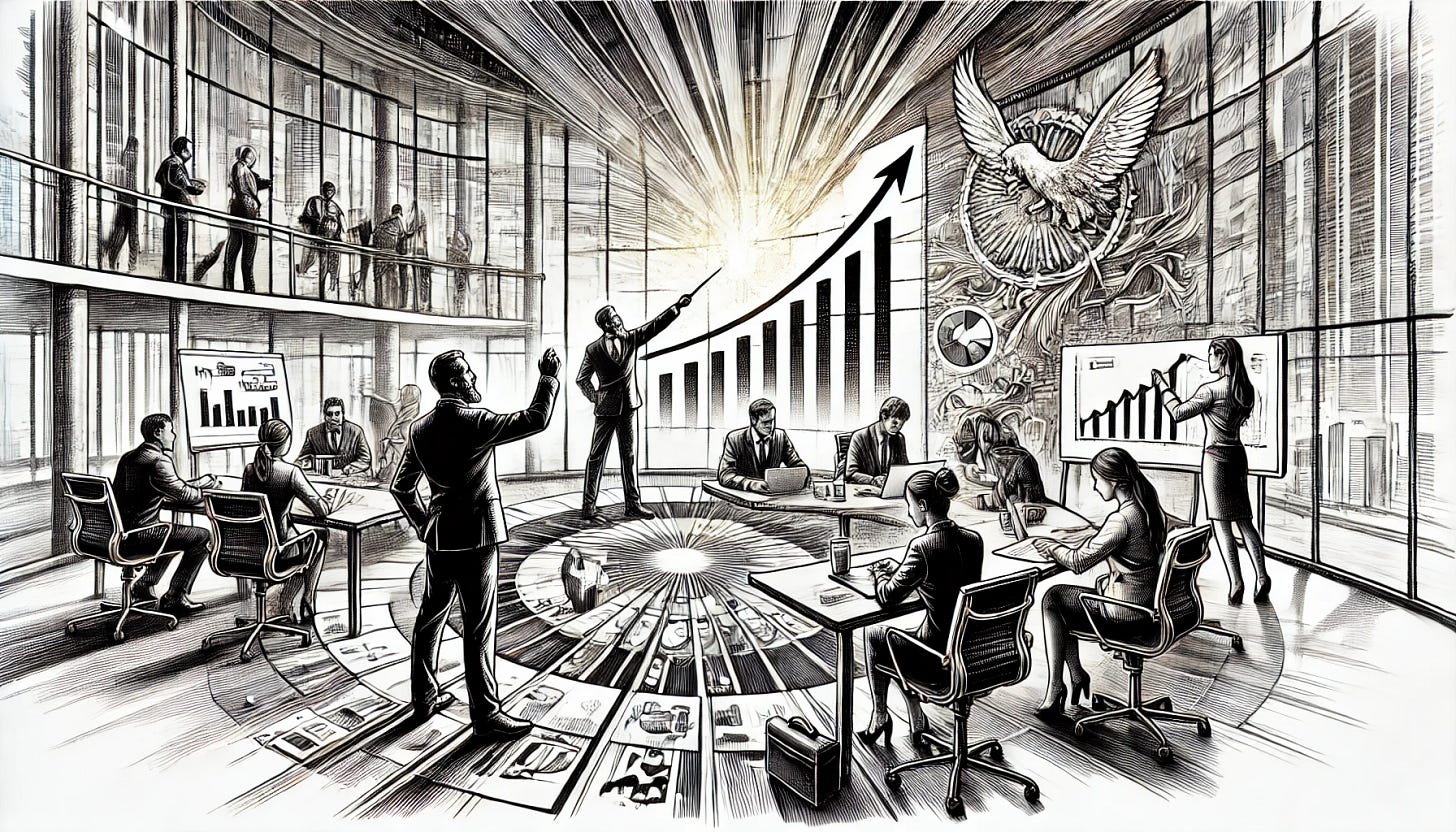 A black and white sketch depicting a corporate sales team in a dynamic, open office environment. The scene shows a mix of collaboration and individual focus: one figure passionately leading a team meeting, gesturing towards a growth chart on a large whiteboard, while another individual works purposefully at their desk. Subtle elements of self-actualization and leadership are symbolized by rays of light emanating from a high-reaching tree visible through a window, representing growth. The sketch features intricate details, with symbolic touches like a phoenix subtly incorporated into the team leader’s notebook, signifying renewal and purpose.