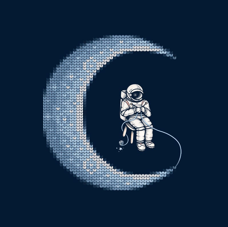 ilustração digital de astronauta sentado na lua, a tricotando.