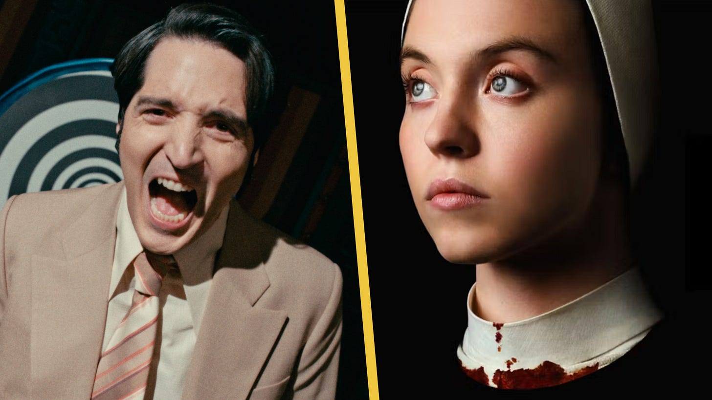 David Dastmalchian in Late Night with the Devil and Sydney Sweeney in Immaculate David Dastmalchian in Late Night with the Devil and Sydney Sweeney in Immaculate