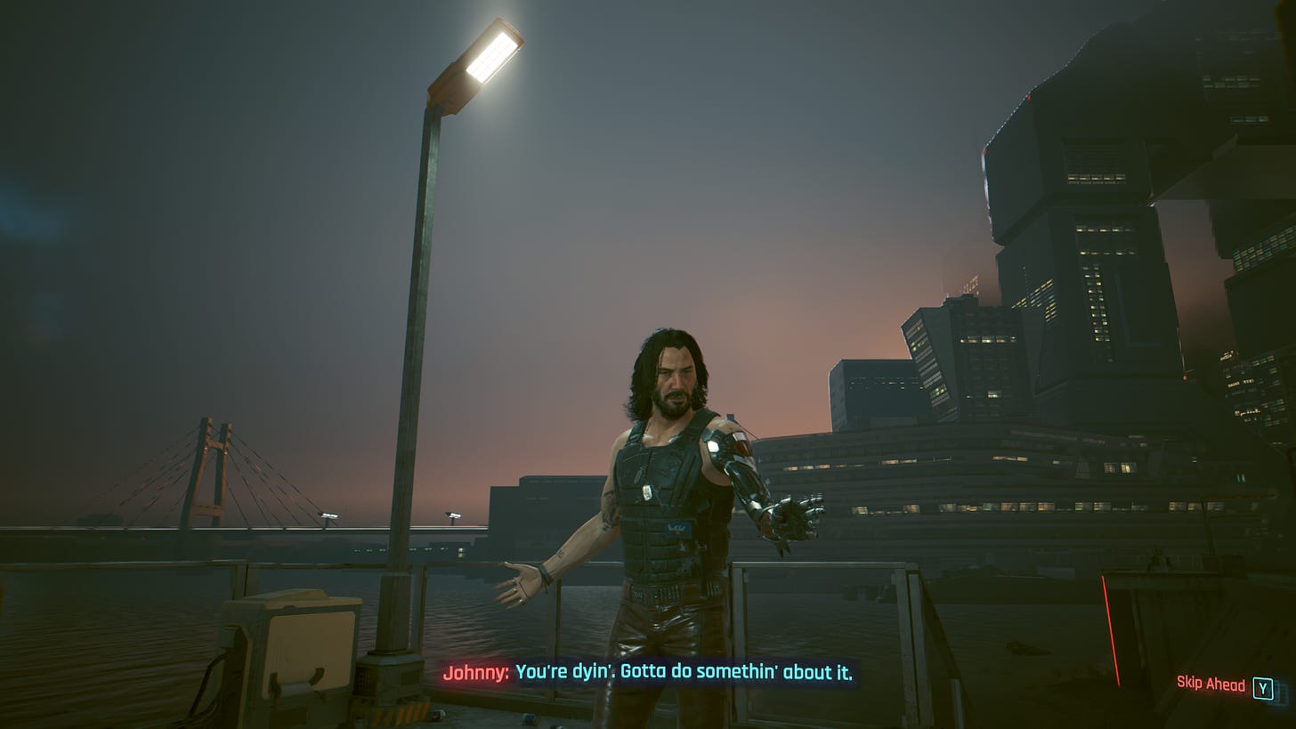 A screenshot of the game Cyberpunk 2077, showing Johnny Silverhand saying "You're dyin'. Gotta do somethin' about it." against a pier background with a bridge in the distance and some buildings on the right.
