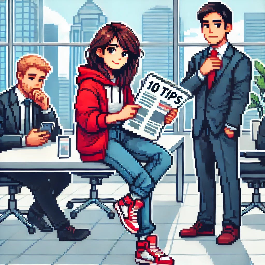A clean, slightly more pixelated pixel art style image of a young, confident woman in a startup office. She has medium-length brown hair, wears a red hoodie, blue jeans, and red sneakers. She is casually leaning against a table, reading a paper titled '10 Tips' with a thoughtful expression, symbolizing her reading of an article. Flanking her are two male coworkers in suits, each looking down at their phones or reading papers, creating a contrast. Behind them is a large glass window overlooking skyscrapers, with a modern office vibe. The image has a vibrant 16-bit pixel art aesthetic with clear, visible pixelation.