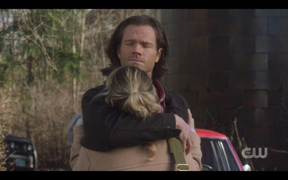 SPN Sam Winchester hugs Donna tight pre covid 19 1518 Destiny