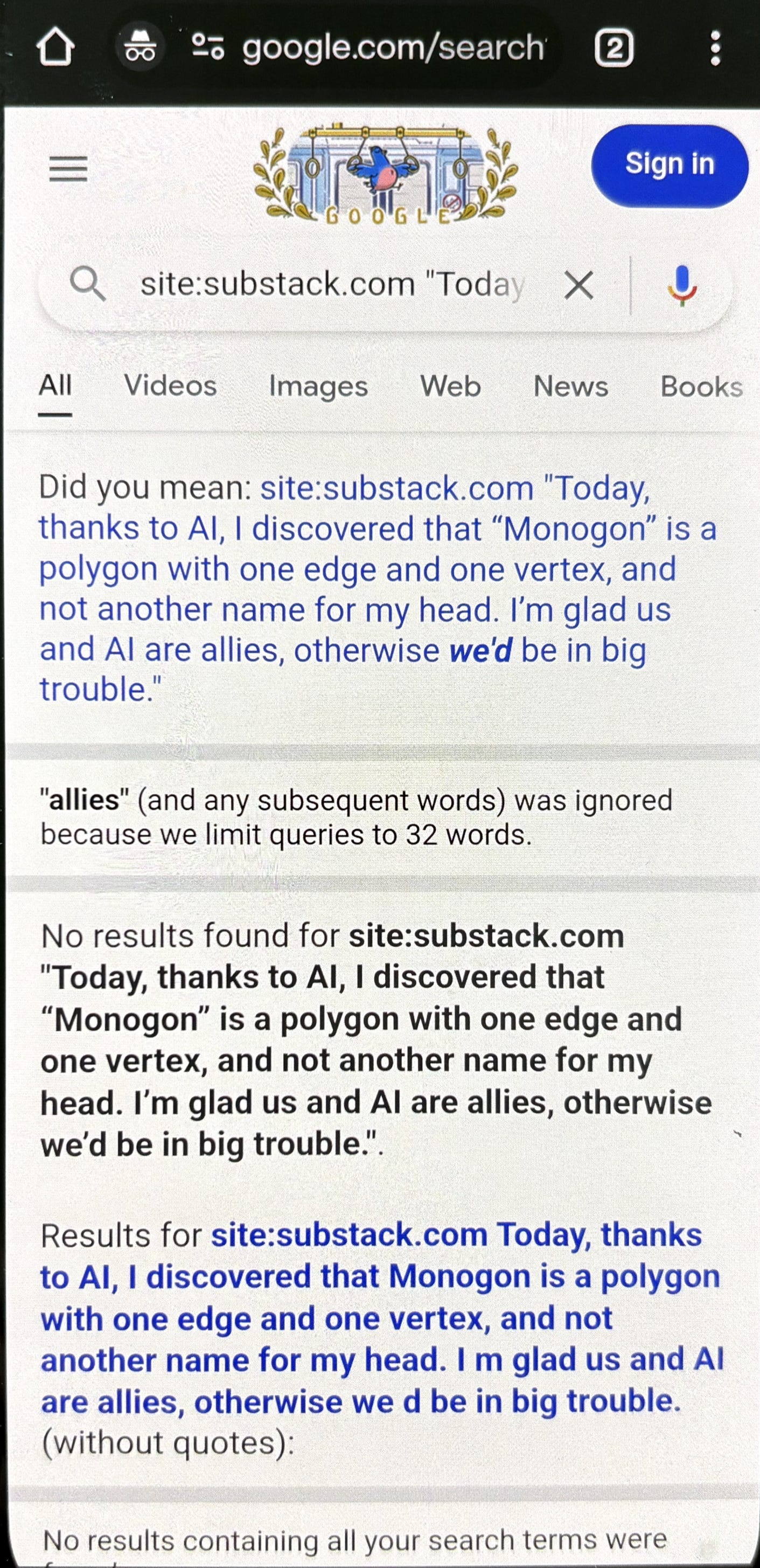 Screenshot demonstrating the absence of Substack Notes in Google search results.