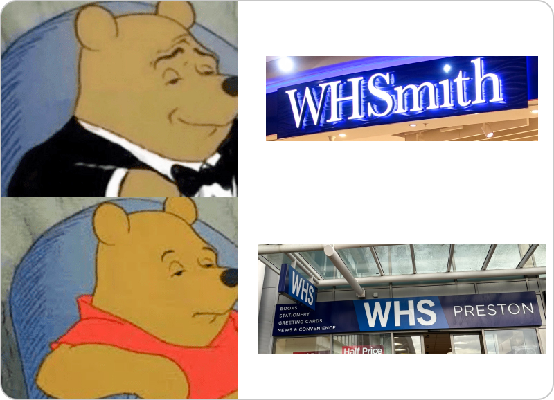Winnie the Pooh meme showing a before and after of the WHSmith logo.