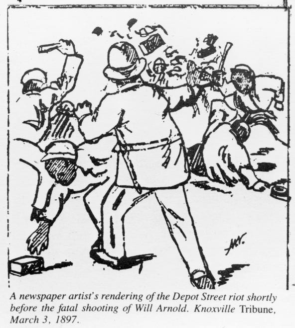 A Knoxville Tribune newspaper artist rendering of the Depot Street riot shortly before the fatal shooting of Will Arnold. March 3, 1897.