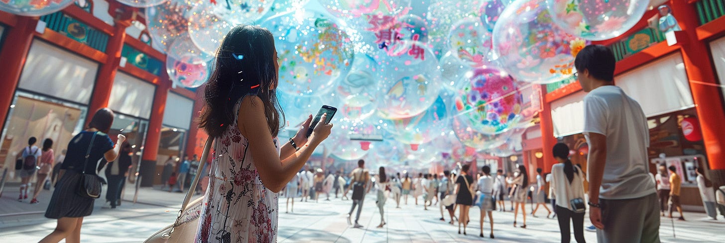 Vibrant street scene with people walking under oversized, floating, transparent orbs filled with colorful patterns and flowers, in a modern shopping area framed by traditional red torii gates.