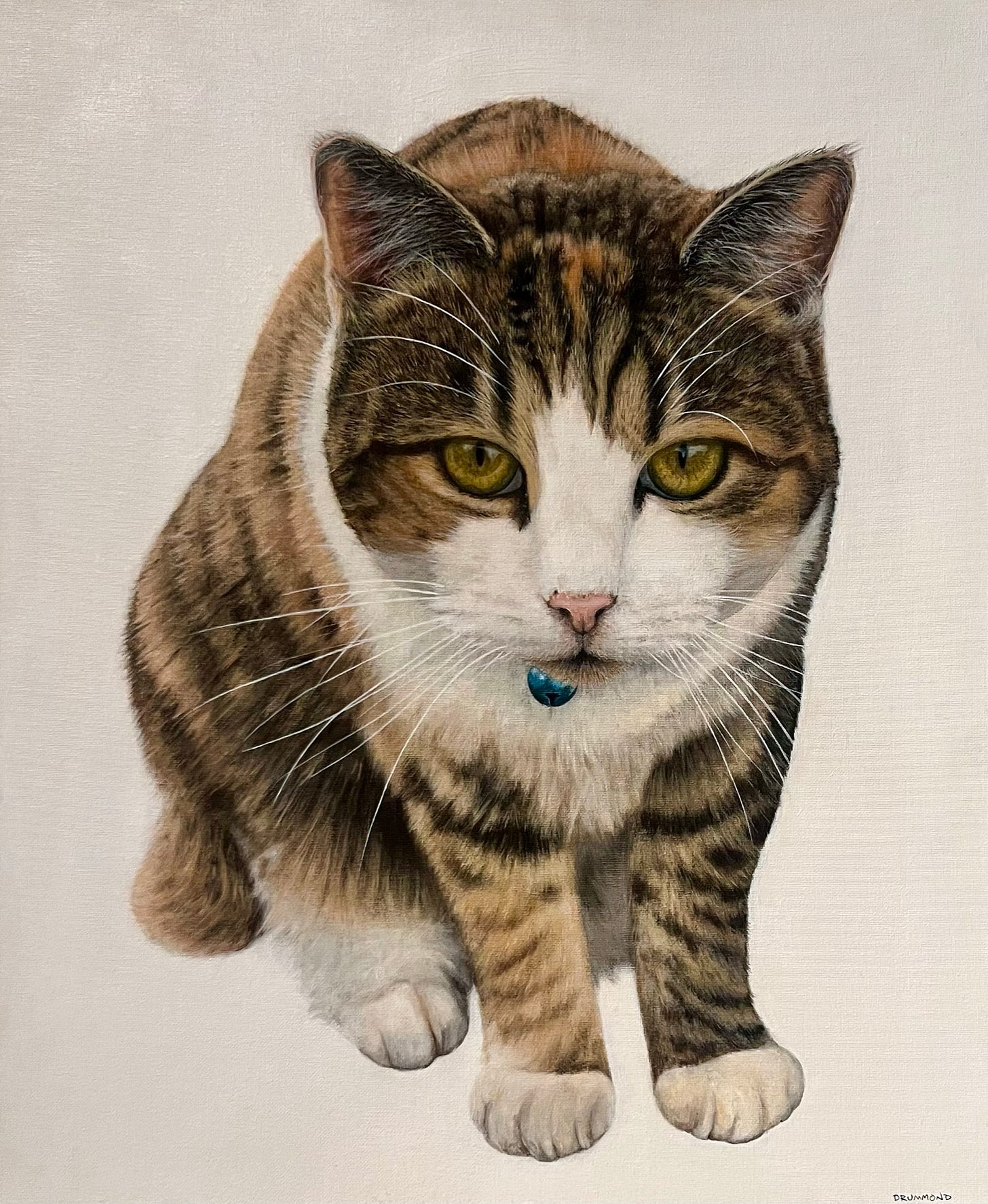 A painting of a young calico cat.
