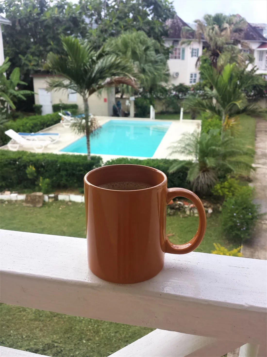 Coffee mug on veranda in Runaway Bay, Jamaica