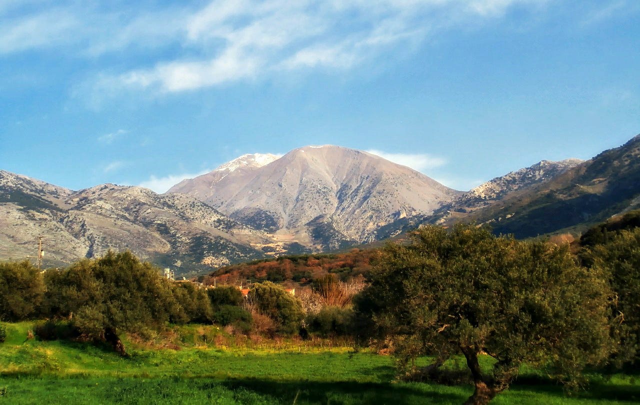 View across the mountains on Crete, with trees and grass in the foreground