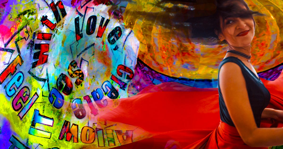 Girl in red skirt dancing with text art flowing behind her.