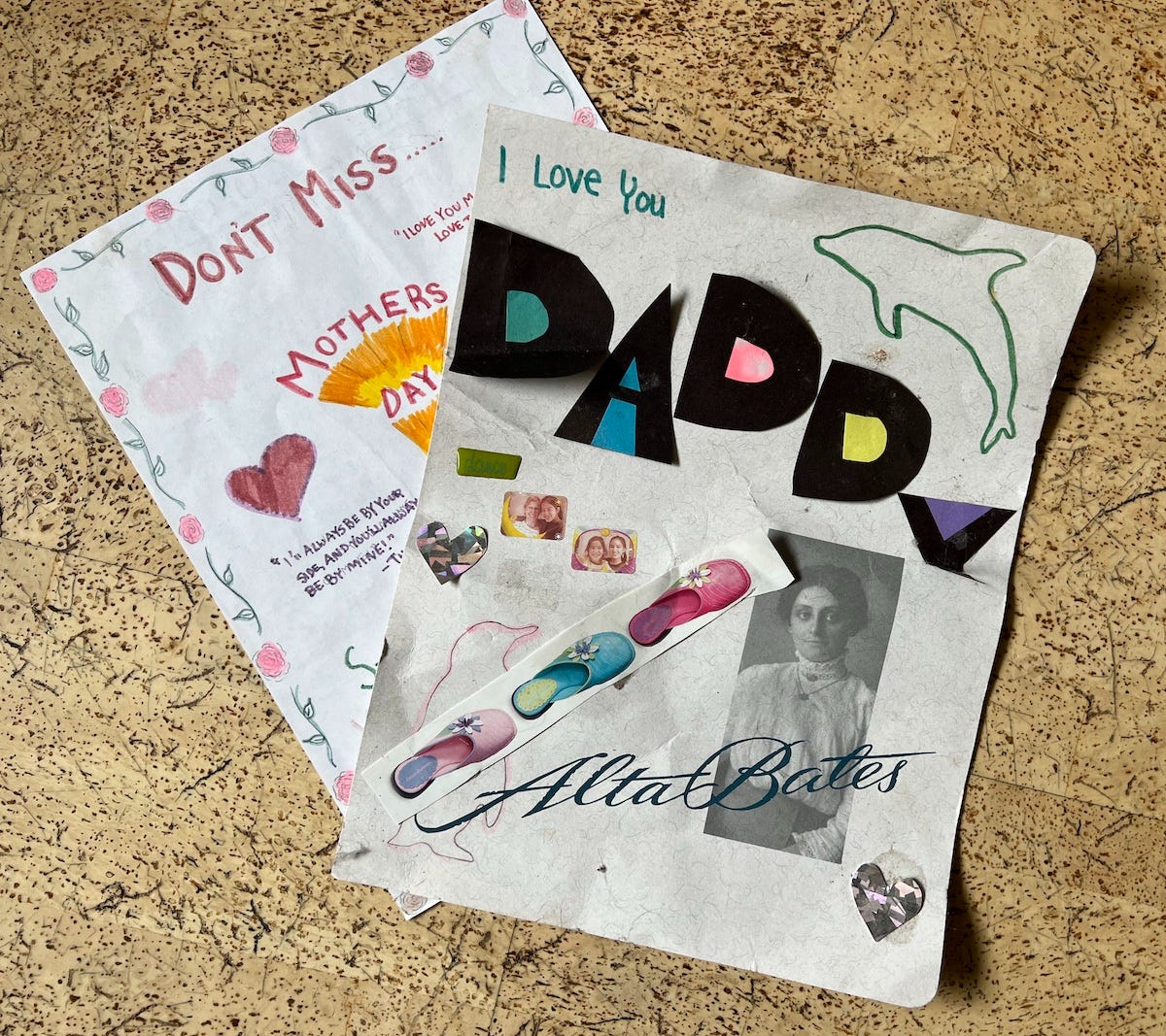 Homemade cards for Mother's and Father's days from the author's own collection.