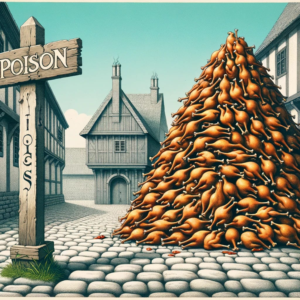 A creative illustration inspired by Paracelsus, set in the year 1500. The scene features a whimsical depiction of an old cobblestone road with a large heap of roasted chickens piled on one side, visually overwhelming the scene. Next to the heap, there is a wooden post with the word 'Poison' inscribed, emphasizing Paracelsus' famous adage that 'Too much of anything is poison.' The other side of the road is conspicuously empty, enhancing the contrast and visually representing the idea of imbalance and excess. The historical setting adds a touch of authenticity to this playful interpretation of Paracelsus' philosophy.