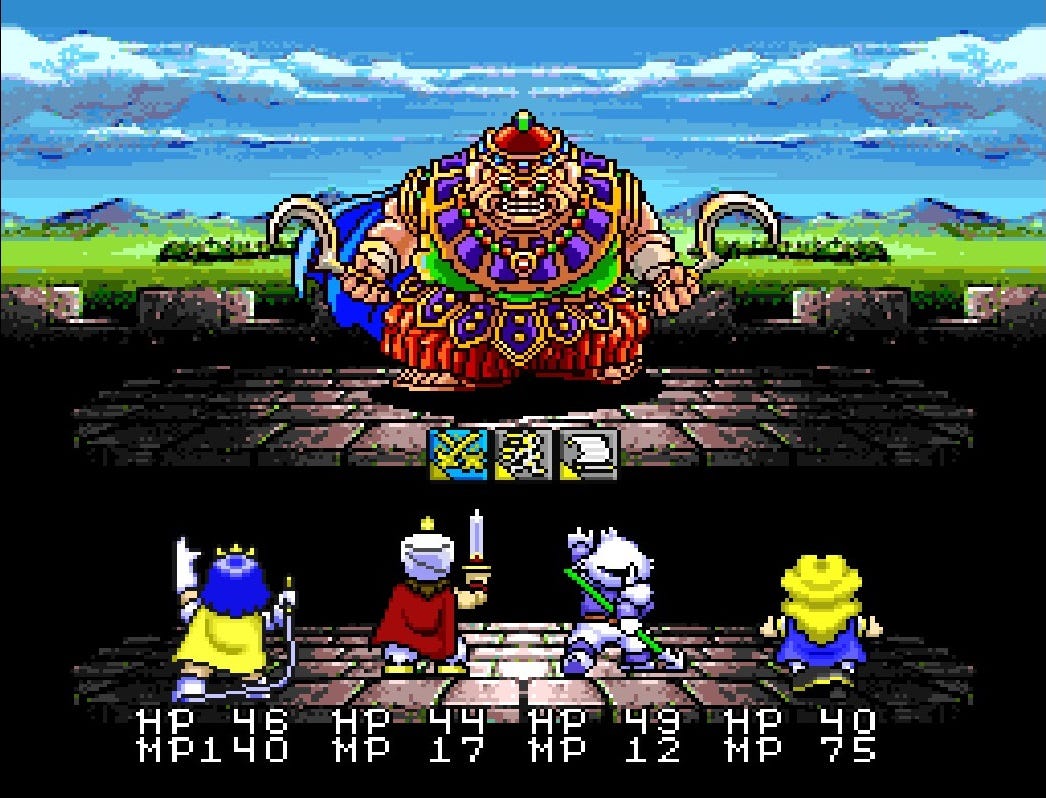 A screenshot from a battle in Super Shell Monsters Story, featuring your four party members, backs to you, the player, facing off against a huge boss character armed with scythe-like hook blades in his hands. He's wearing a cape, and his outfit is full of various colors and detailed designs.