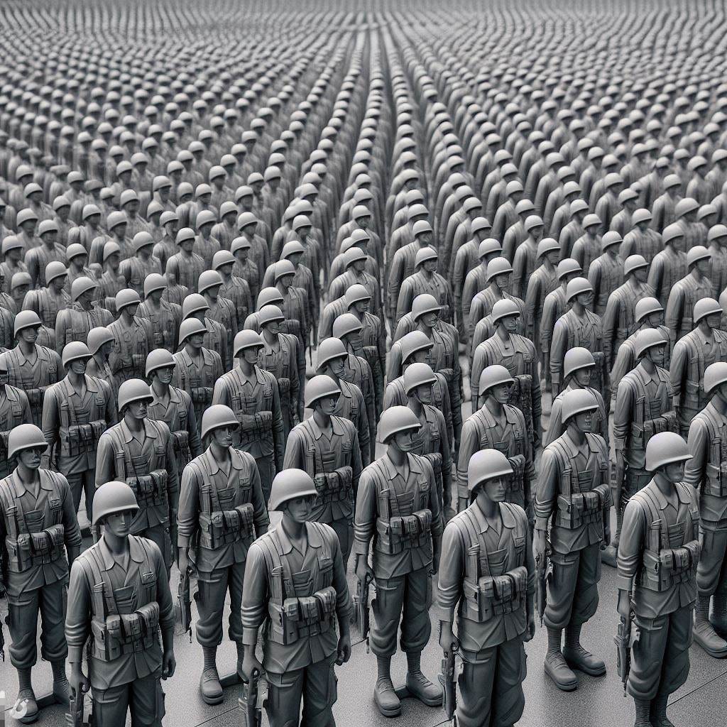 Endless rows of soldiers made out of grey plastic