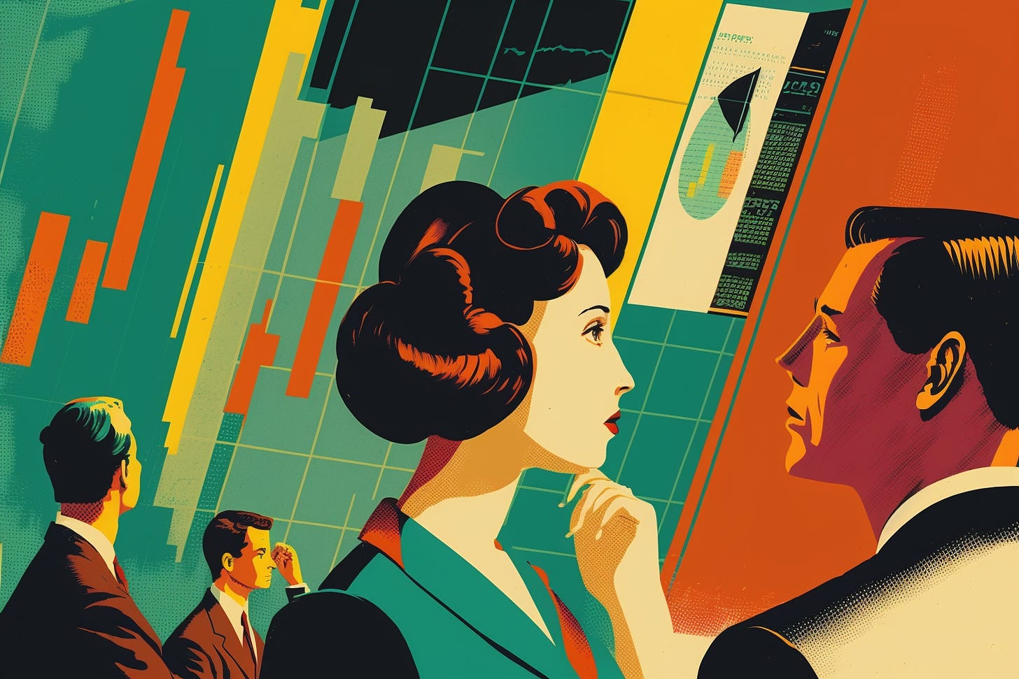 retro future concept art of people pondering about the stock market, colorful, retro illustration, simple colors, retro colors, 1950s science fiction,