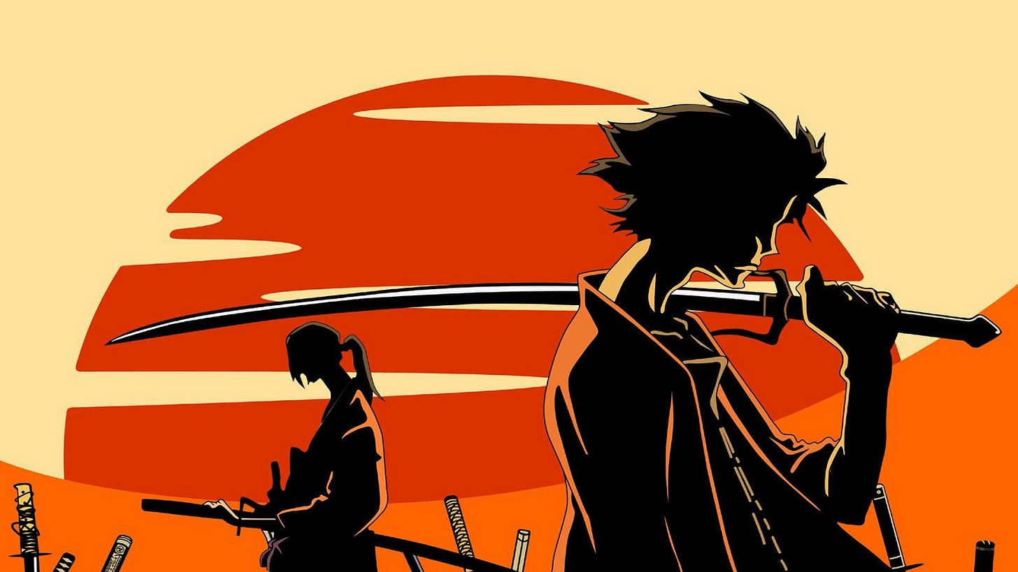 Two samurai in high contrast animation, set against a red sun in a field of swords