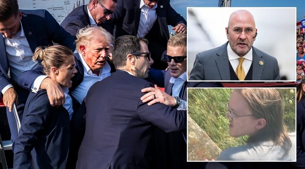 Alt Text: "Donald Trump assisted by Secret Service post-assassination attempt on July 13th, with insets of Louisiana Rep. Clay Higgins and assailant Thomas Matthew Crooks.