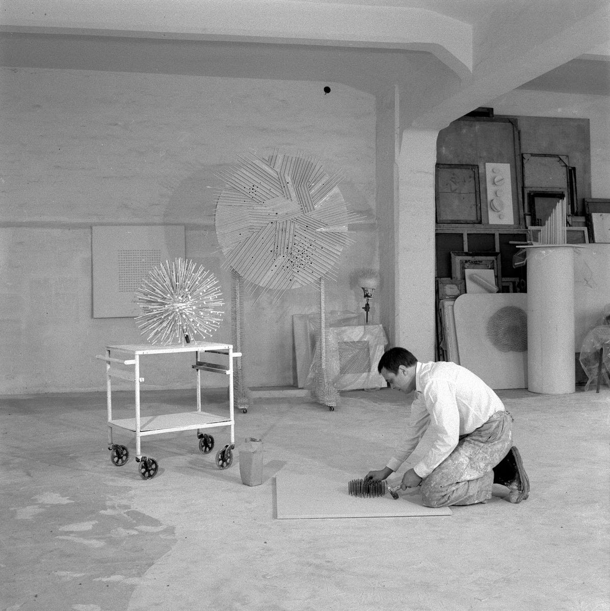 Günther Uecker in 1965 in his studio at Hüttenstraße 104, Düsseldorf [Zero Foundation, Düsseldorf. Art: © Günther Uecker. Photo: © Maren Heyne]