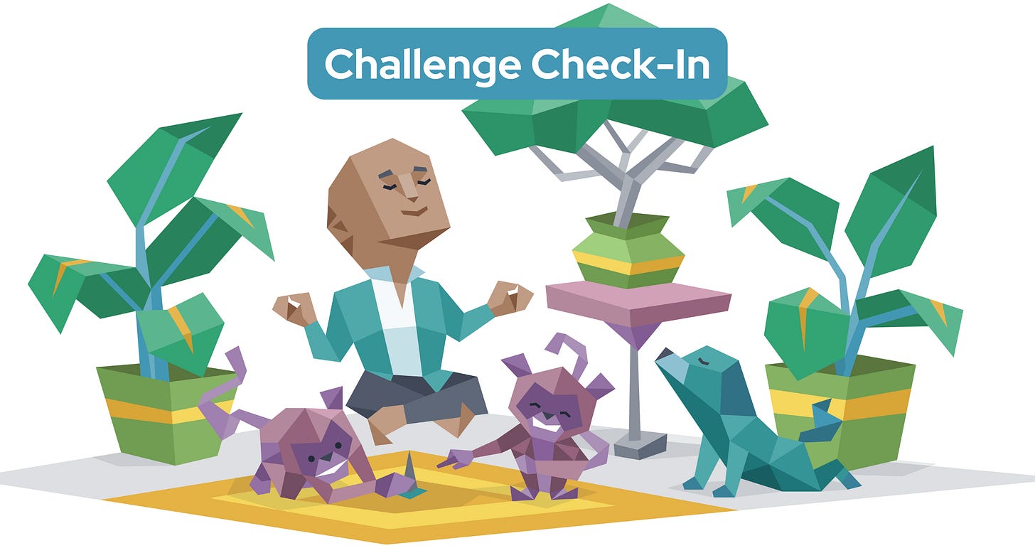 A meditating man hovers above a rug – he’s surrounded by plants and a dog. One monkey places a tack under the man while another laughs. Text reads "Challenge Check-In"