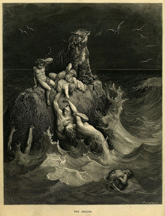 The Deluge, frontispiece to Gustave Doré's illustrated edition of the Bible. Based on the story of Noah's Ark, this engraving shows humans and a tiger doomed by the flood futilely attempting to save their children and cubs.(1866) (Public Domain)