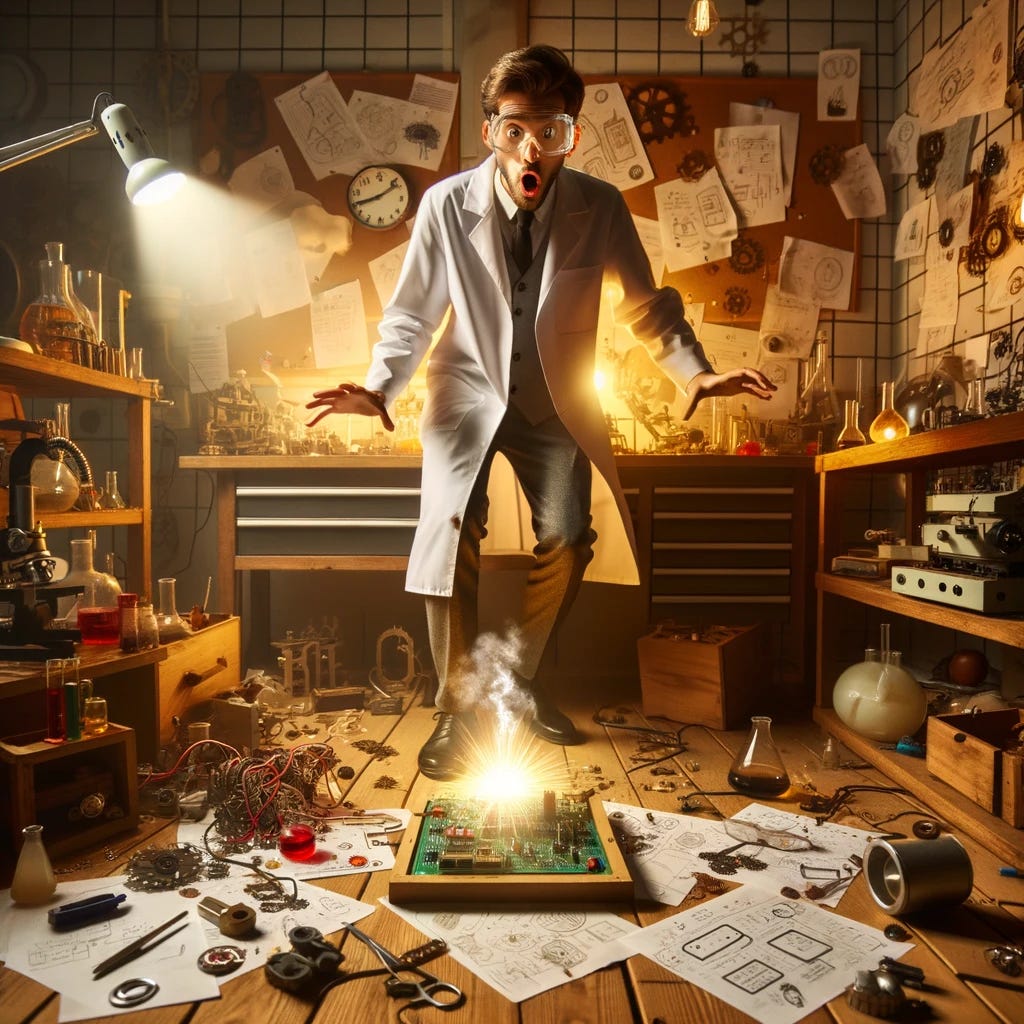 Photo of a surprised inventor in a white lab coat and safety goggles, stepping back from a cluttered workbench filled with tools, sketches, machinery parts, and more. A knocked-over beaker spills a glowing liquid onto a circuit board, which starts to glow. From this, a new device is formed, radiating light. The room is illuminated in a warm, golden hue with playful shadows cast on the wooden floor.