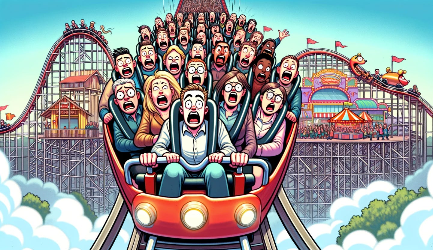  a landscape-format cartoon of a product manager on a rollercoaster surrounded by stakeholders, on the journey down and they're all screaming