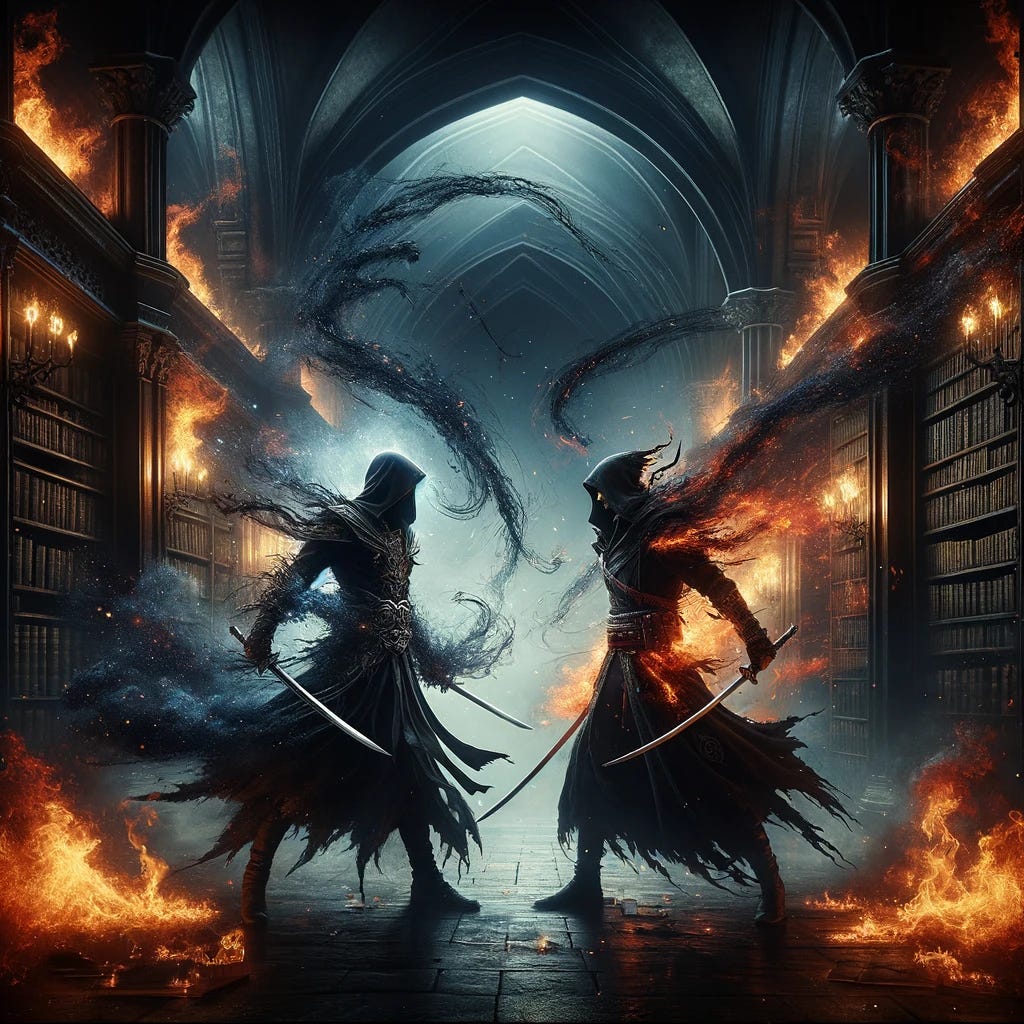 Amidst the shadowy backdrop of an ancient library, a dramatic scene unfolds as two Assassins, one cloaked in darkness and the other in light, stand side by side, engulfed in a tumultuous battle against unseen forces. Around them, the air is alive with the chaotic dance of fire and black matter, illuminating their fierce combat with flashes of light and shadow. The fire represents their burning resolve and the volatile nature of their quest, while the swirling black matter symbolizes the unknown dangers and mysteries they confront. Their swords clash, sending sparks into the air, as they move with precision and unity against their adversaries. The library itself seems to respond to their fight, with books and shelves caught in the maelstrom of energy, creating a dynamic and visually striking scene. The composition captures the intensity of their partnership, their figures highlighted against the contrast of fire and darkness, embodying the eternal struggle between light and shadow.