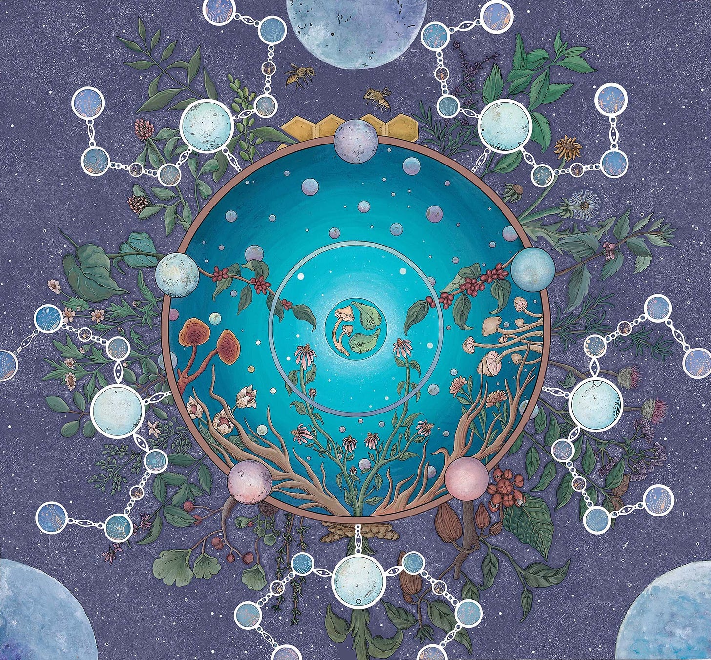 A painting with lots of diffrent circles and plants floating around, deep purples and blues, and green stems shooting out of a larger circle in the middle. 