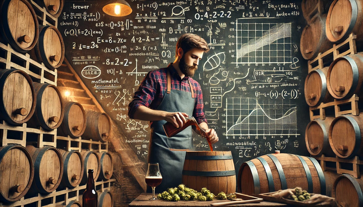 A brewer in a rustic brewery setting, carefully pouring beer into different barrels labeled with mathematical symbols like equations and pricing formulas. The brewer is wearing traditional brewing attire: a leather apron, plaid shirt, and rolled-up sleeves. Behind him, a large chalkboard or wall is filled with complex mathematical derivatives, graphs, and beer-related formulas. The background is warmly lit, with barrels stacked around and a sense of organized chaos. Beer-related tools like wooden ladles and hops sacks are scattered around, emphasizing the brewing process mixed with mathematical precision.