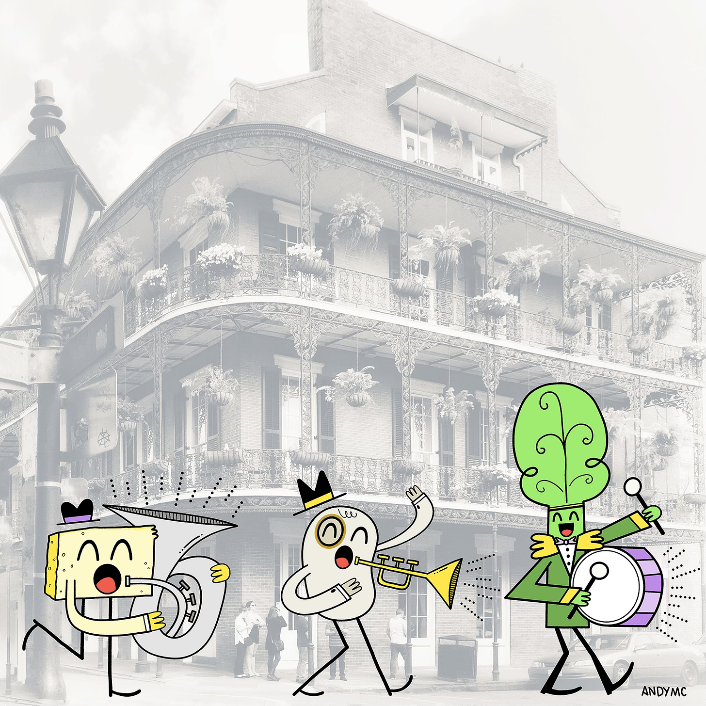 An illustration of a black eye pea, cornbread, and a collard green playing instruments in a parade on a New Orleans street.