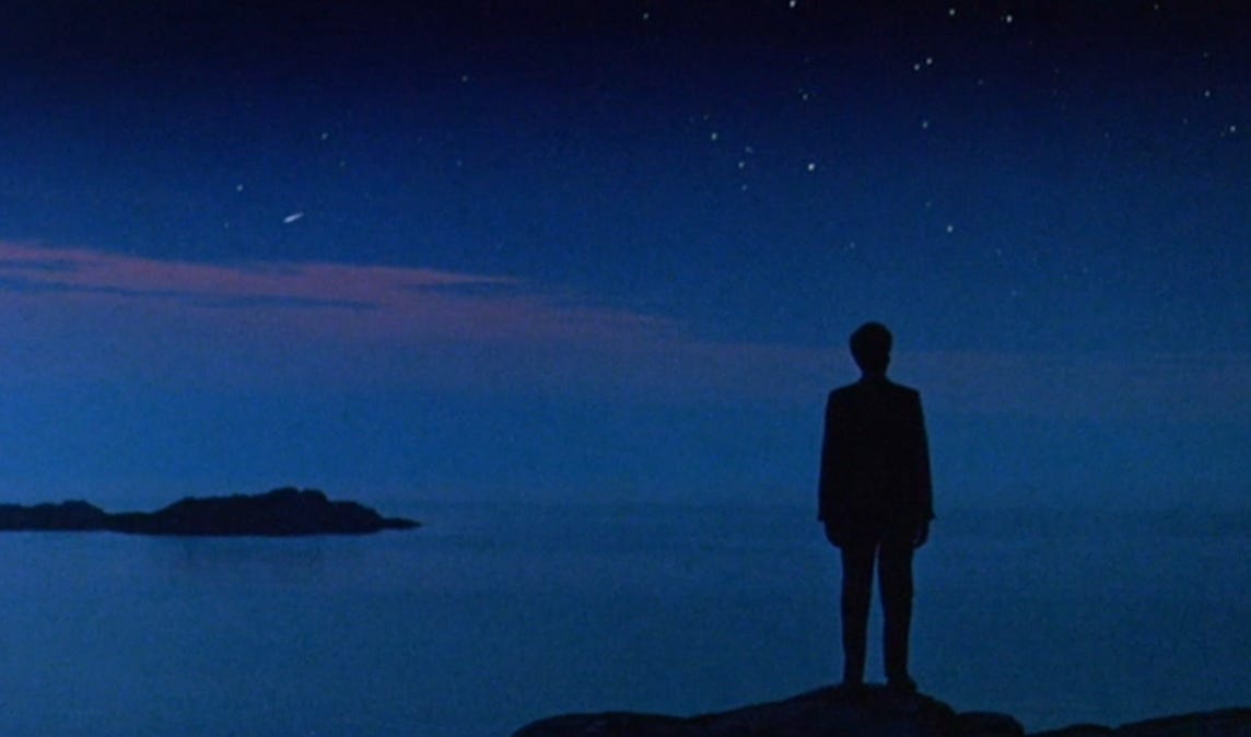 A man stands on a rock silhouetted against the deep blue night sky and ocean before him.