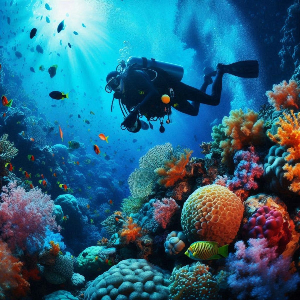 "A Scuba Diver Looking Down at a vibrantly colored coral reef"