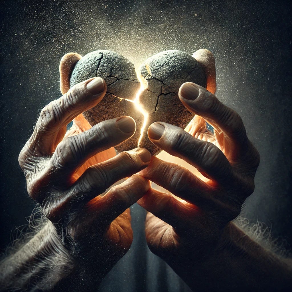 A pair of weathered hands holding a glowing, cracked heart-shaped stone, with light softly emanating from the cracks. The background is dark and blurred, creating a strong focus on the hands and the stone. The lighting is dramatic, casting strong shadows on the hands but highlighting the cracks in the stone. Created Using: symbolic representation, strong chiaroscuro lighting, textured stone, dramatic contrast, emotional storytelling, detailed hand textures, soft light glow, high contrast between subject and background