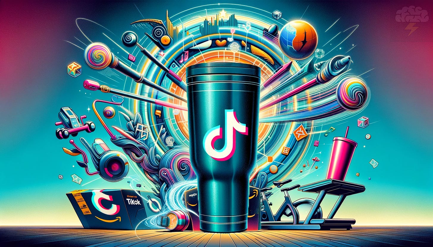 Digital illustration featuring the TikTok logo in the center, surrounded by dynamic, swirling lines and digital elements symbolizing its expansive influence in retail and fitness. To the left, a colorful Stanley 'Quencher' tumbler represents Stanley's viral marketing success. To the right, a sleek Peloton exercise bike signifies Peloton's digital engagement through TikTok. In the background, a stylized depiction of an Amazon package, less prominent and somewhat eclipsed, highlights TikTok's challenge to Amazon's e-commerce dominance. 