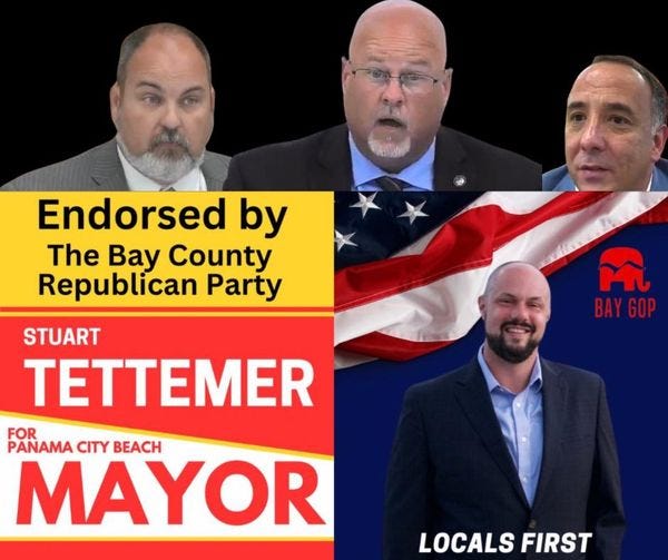 May be an image of 4 people and text that says 'Endorsed by The Bay County Republican Party m BAYGOP BAY STUART TETTEMER FOR PANAMA CITY BEACH MAYOR LOCALS FIRST'