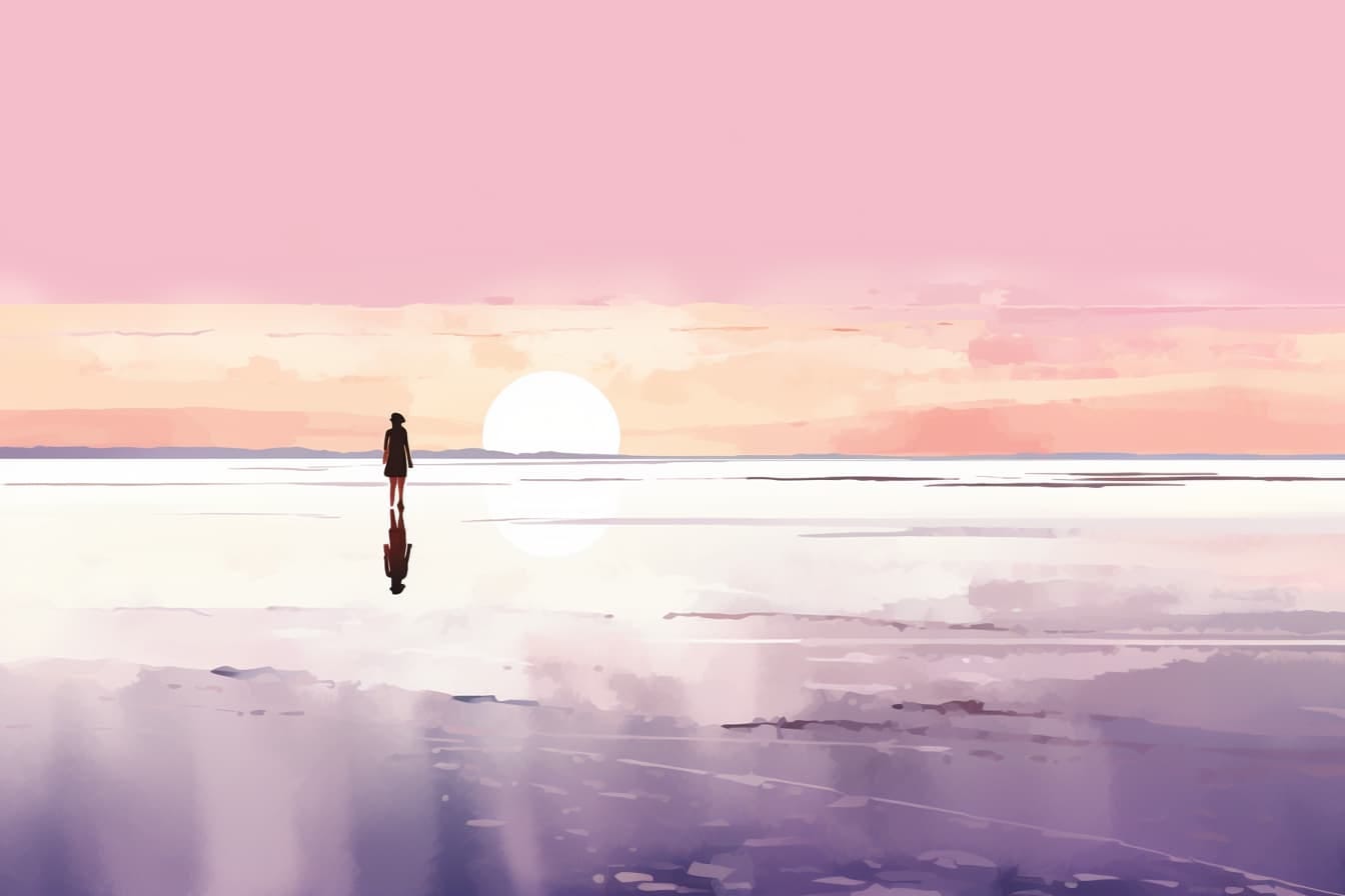 A woman standing on a frozen lake during a pink sunrise