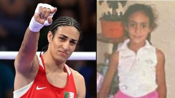 Imane Khelif after her win over Angela Carini, and as a young girl in Algeria, where deviating from gender norms can be dangerous