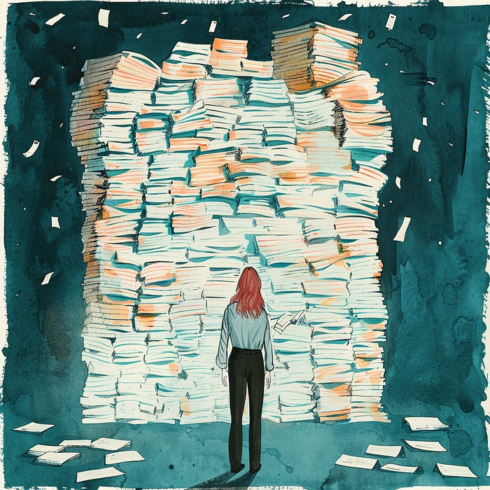 A woman staring a huge pile of additional work that seems to keep stacking on top of each other