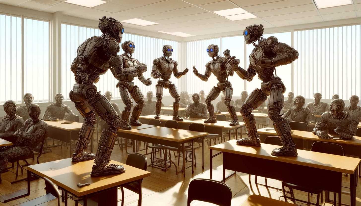 An image of a classroom with 5 robots standing on desks in fierce debate while other robots sit in chairs watching.