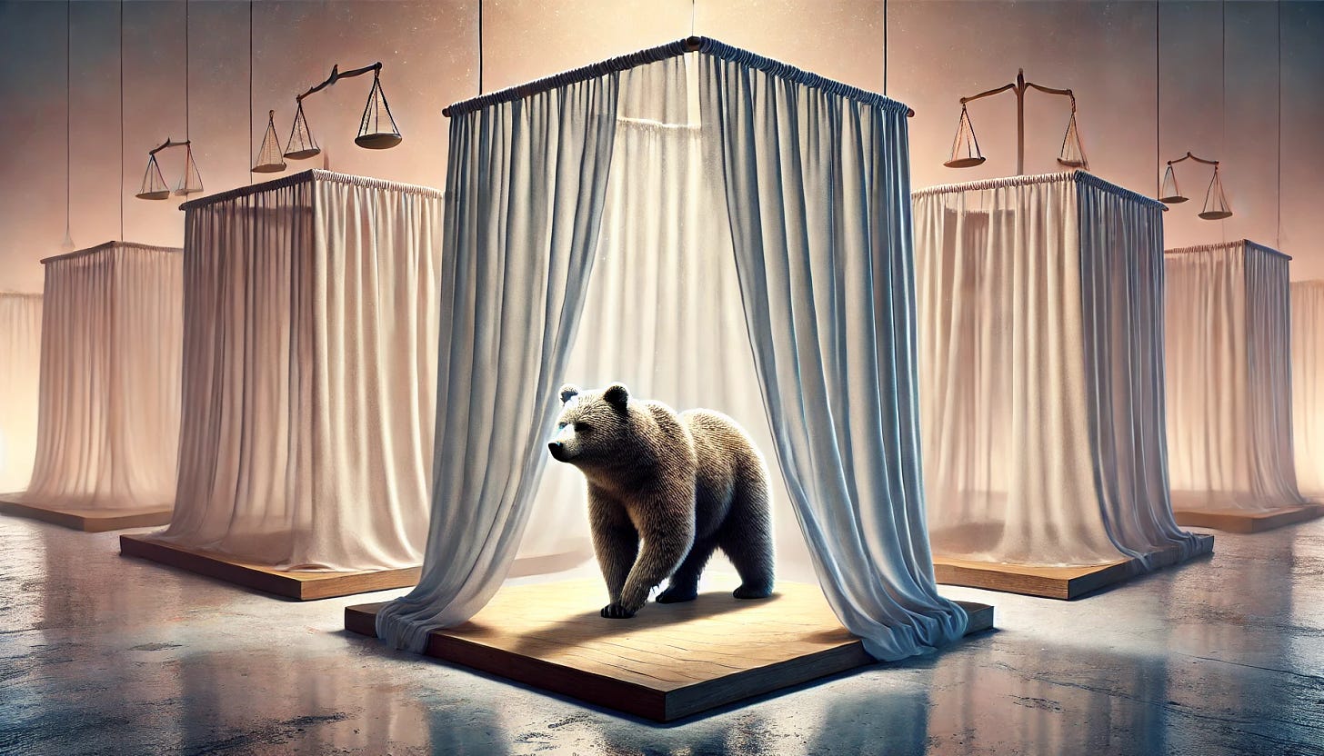 A bear standing in a symbolic representation of the 'veil of ignorance,' as in John Rawls' theory of justice. The bear appears thoughtful and contemplative, surrounded by a semi-transparent veil or mist, symbolizing impartiality and lack of knowledge about its own position in society. The scene is set in an abstract space with soft, muted colors, suggesting a reflective environment. The bear is at the center, with the veil subtly dividing the background to imply different societal roles and statuses that the bear is unaware of.