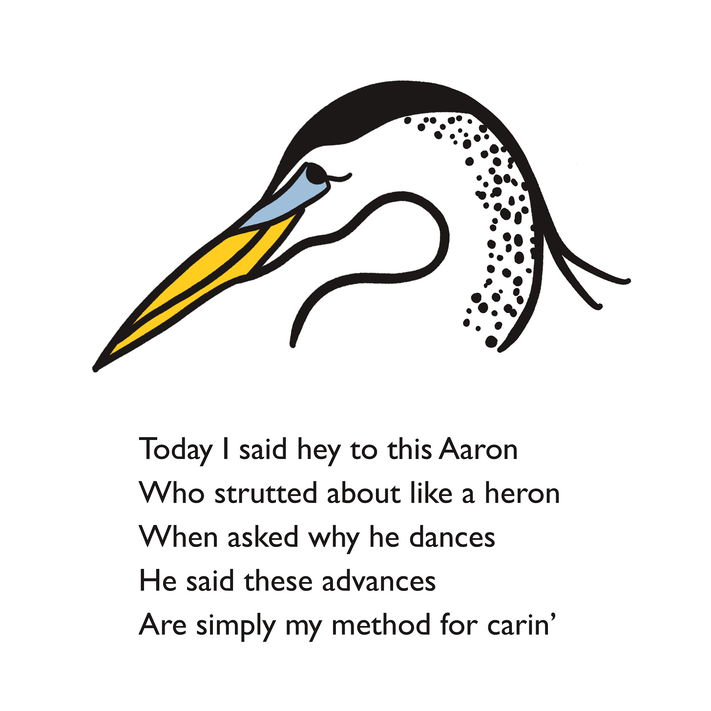 A hand-drawn illustration of a heron with a long, yellow beak and blue under its eyes.