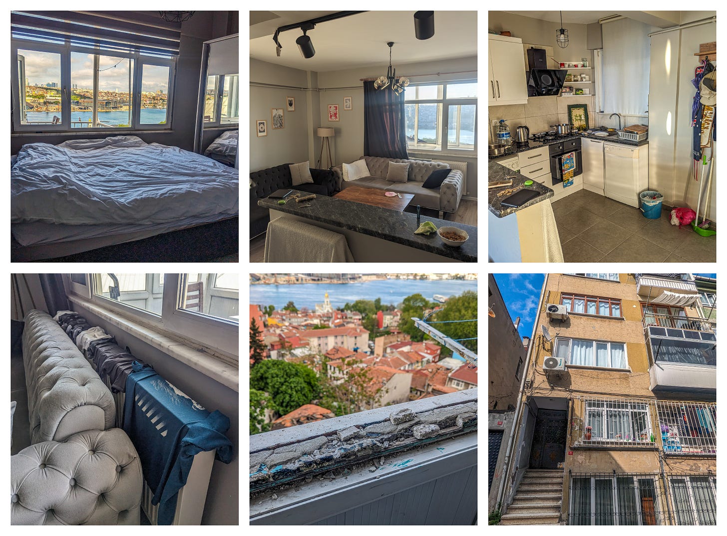 Six photos showing our Airbnb including the bedroom, clothes drying on the radiator, and the outside of the building. 
