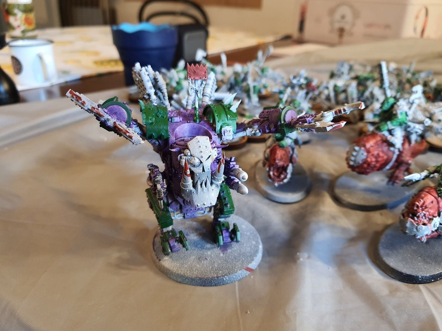 A deff dread, with its main body painted in Leviathan Purple (more precisely, its Vallejo analogue) and details in olive green.