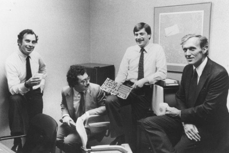 from left, Michael Bloomberg, Charles Zegar, Tom Secunda, and Duncan MacMillan in 1982