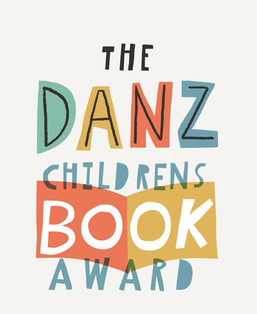 A beige background with blue, yellow, green and red letters DANZ with black writing on them, A red and yellow open book has the white word book on it, with blue words children's and award at the top and the bottom of the book. The DANZ Children's Book Award.