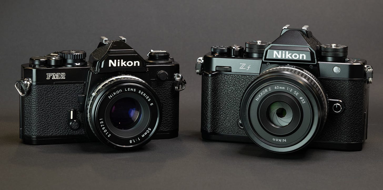 The Nikon FM2 camera in a side by side comparison with the Nikon Zf